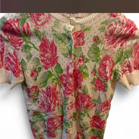 Y2K Isaac Mizrahi Floral Knit Cardigan - Pink & Green Roses - Picture 2 of 4